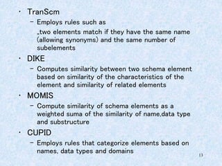 13
• TranScm
– Employs rules such as
„two elements match if they have the same name
(allowing synonyms) and the same number of
subelements
• DIKE
– Computes similarity between two schema element
based on similarity of the characteristics of the
element and similarity of related elements
• MOMIS
– Compute similarity of schema elements as a
weighted suma of the similarity of name,data type
and substructure
• CUPID
– Employs rules that categorize elements based on
names, data types and domains
 