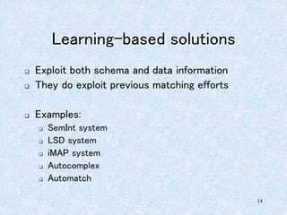 14
Learning-based solutions
 Exploit both schema and data information
 They do exploit previous matching efforts
 Examples:
 SemInt system
 LSD system
 iMAP system
 Autocomplex
 Automatch
 
