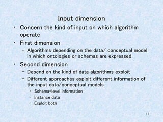 17
Input dimension
• Concern the kind of input on which algorithm
operate
• First dimension
– Algorithms depending on the data/ conceptual model
in which ontologies or schemas are expressed
• Second dimension
– Depend on the kind of data algorithms exploit
– Different approaches exploit different information of
the input data/conceptual models
• Schema-level information
• Instance data
• Exploit both
 