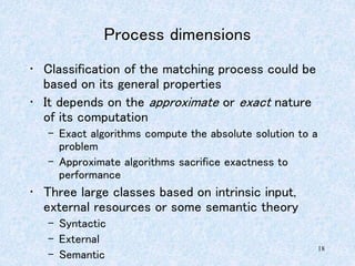 18
Process dimensions
• Classification of the matching process could be
based on its general properties
• It depends on the approximate or exact nature
of its computation
– Exact algorithms compute the absolute solution to a
problem
– Approximate algorithms sacrifice exactness to
performance
• Three large classes based on intrinsic input,
external resources or some semantic theory
– Syntactic
– External
– Semantic
 