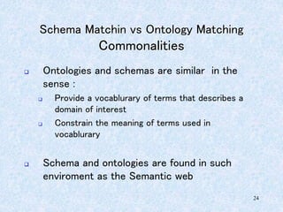 24
Schema Matchin vs Ontology Matching
Commonalities
 Ontologies and schemas are similar in the
sense :
 Provide a vocablurary of terms that describes a
domain of interest
 Constrain the meaning of terms used in
vocablurary
 Schema and ontologies are found in such
enviroment as the Semantic web
 