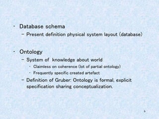 6
• Database schema
– Present definition physical system layout (database)
• Ontology
– System of knowledge about world
• Claimless on coherence (lot of partial ontology)
• Frequently specific created artefact
– Definition of Gruber: Ontology is formal, explicit
specification sharing conceptualization.
 