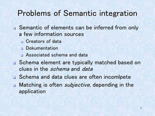 7
Problems of Semantic integration
 Semantic of elements can be inferred from only
a few information sources
 Creators of data
 Dokumentation
 Associated schema and data
 Schema element are typically matched based on
clues in the schema and data
 Schema and data clues are often incomlpete
 Matching is often subjective, depending in the
application
 
