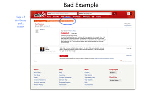 Tabs = 2
Attributes
and 1
Action
Bad Example
 