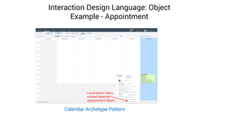 Interaction Design Language: Object
Example - Appointment
Local action menu
context assume
Appointment object
Calendar Archetype Pattern
 