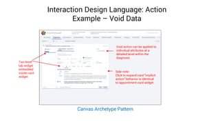 Interaction Design Language: Action
Example – Void Data
Side note:
Click to expand card “implicit
action” behavior is identical
to appointment card widget
Void action can be applied to
individual attributes at a
detailed level within the
diagnosis
Two level
tab widget
embedded
inside card
widget
Canvas Archetype Pattern
 