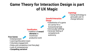 Game Theory for Interaction Design is part
of UX Magic
Pure Games
•Entertainment
•Learning/Education (war)
•Voluntary engagement
•Rules and competition (not free play)
•Lack of consequences
•Compelling narrative!
Gamification
•Addition of reward
elements to
incentivize
productive work
Captology
•Using technology to
persuade user to
change behaviorGameful Interaction
Design
•Substitution of a game
as a proxy for a
transactional task
•Intrinsically fulfilling
•Generate feeling of
competence &
autonomy
 