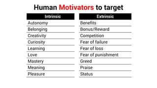 Human Motivators to target
Intrinsic Extrinsic
Autonomy Benefits
Belonging Bonus/Reward
Creativity Competition
Curiosity Fear of failure
Learning Fear of loss
Love Fear of punishment
Mastery Greed
Meaning Praise
Pleasure Status
 