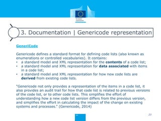 3. Documentation | Genericode representation
GeneriCode
Genericode defines a standard format for defining code lists (also known as
enumerations or controlled vocabularies). It contains:
• a standard model and XML representation for the contents of a code list;
• a standard model and XML representation for data associated with items
in a code list;
• a standard model and XML representation for how new code lists are
derived from existing code lists.
“Genericode not only provides a representation of the items in a code list, it
also provides an audit trail for how that code list is related to previous versions
of the code list, or to other code lists. This simplifies the effort of
understanding how a new code list version differs from the previous version,
and simplifies the effort in calculating the impact of the change on existing
systems and processes.” (Genericode, 2014)
23
 