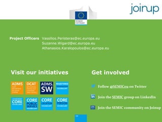 Join the SEMIC group on LinkedIn
Follow @SEMICeu on Twitter
Join the SEMIC community on Joinup
Project Officers Vassilios.Peristeras@ec.europa.eu
Suzanne.Wigard@ec.europa.eu
Athanasios.Karalopoulos@ec.europa.eu
Get involvedVisit our initiatives
ADMS.
SW
CORE
VOCABULARY
PUBLIC
SERVICE
REGISTERED
VOCABULARY
ORGANIZATION
 