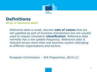 Definitions
What is reference data?
Reference data is small, discrete sets of values that are
not updated as part of business transactions but are usually
used to impose consistent classiﬁcation. Reference data
normally has a low update frequency. Reference data is
relevant across more than one business system belonging
to different organisations and sectors.
European Commission – ISA Programme, 2014 (1)
5
 