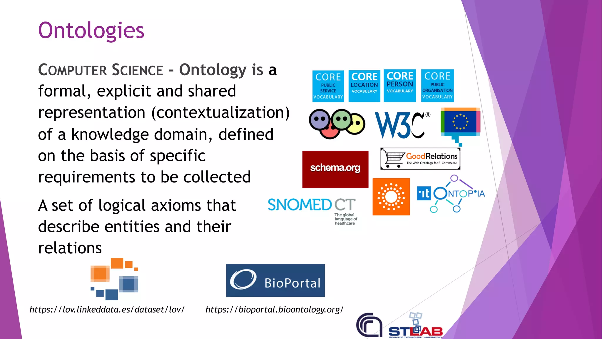 Ontologies
COMPUTER SCIENCE - Ontology is a
formal, explicit and shared
representation (contextualization)
of a knowledge domain, defined
on the basis of specific
requirements to be collected
A set of logical axioms that
describe entities and their
relations
https://lov.linkeddata.es/dataset/lov/ https://bioportal.bioontology.org/
 