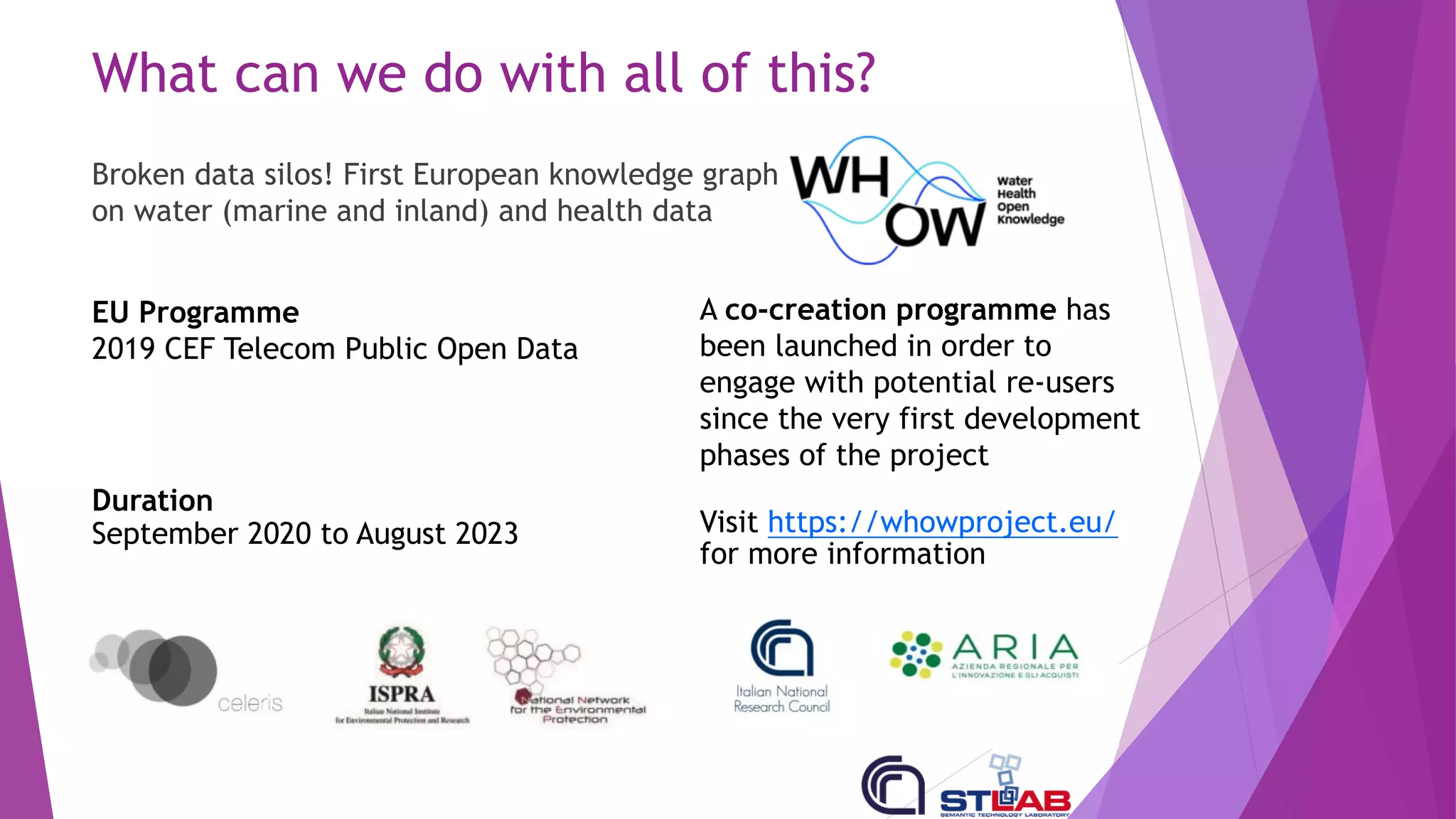 What can we do with all of this?
Broken data silos! First European knowledge graph
on water (marine and inland) and health data
Duration
September 2020 to August 2023
EU Programme
2019 CEF Telecom Public Open Data
A co-creation programme has
been launched in order to
engage with potential re-users
since the very first development
phases of the project
Visit https://whowproject.eu/
for more information
 