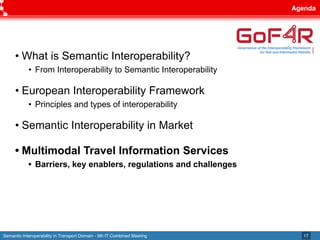 Semantic Interoperability in Transport Domain - 9th IT Combined Meeting
Agenda
17
• What is Semantic Interoperability?
• From Interoperability to Semantic Interoperability
• European Interoperability Framework
• Principles and types of interoperability
• Semantic Interoperability in Market
• Multimodal Travel Information Services
• Barriers, key enablers, regulations and challenges
 