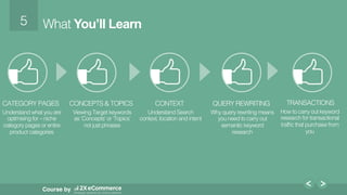 5!
Course by
CATEGORY PAGES!
Understand what you are
optimising for – niche
category pages or entire
product categories!
!
CONCEPTS & TOPICS!
Viewing Target keywords
as ‘Concepts’ or ‘Topics’
not just phrases!
!
!
CONTEXT!
Understand Search
context, location and intent!
!
QUERY REWRITING!
Why query rewriting means
you need to carry out
semantic keyword
research!
What You’ll Learn
TRANSACTIONS!
How to carry out keyword
research for transactional
trafﬁc that purchase from
you!
 