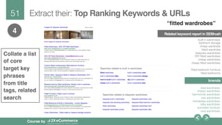 51!
Course by
Extract their: Top Ranking Keywords & URLs
4 Related keyword report in SEMrush
built in wardrobes!
bedroom storage!
cheap wardrobe!
ﬁtted wardrobe!
bespoke wardrobes!
DIY ﬁtted wardrobes!
cheap wardrobes!
cheap ﬁtted wardrobes!
!
ﬁtted bedroom furniture!
ﬁtted bedrooms!
!
ikea wardrobes!
sharps wardrobes!
hammonds wardrobes!
pax wardrobes!
homebase wardrobes!
b&q wardrobes!
schreiber furniture!
next wardrobes!
brands
 
“ﬁtted wardrobes”
Collate a list
of core
target key
phrases
from title
tags, related
search
 