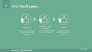 6!
Course by
OPTIMAL IA !
How to prep-up keywords
for optimal information
architecture!
INTERNAL LINK
BUILDING!
How to use keyword data
for interlink building!
!
TOOLS!
Must have tools for
keyword research in e-
commerce!
What You’ll Learn
 