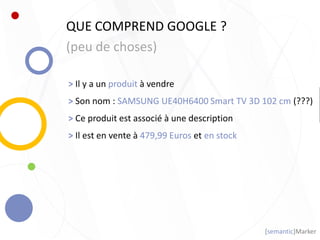 [semantic]Marker
> Il y a un produit à vendre
> Son nom : SAMSUNG UE40H6400 Smart TV 3D 102 cm (???)
> Ce produit est associé à une description
> Il est en vente à 479,99 Euros et en stock
QUE COMPREND GOOGLE ?
(peu de choses)
 