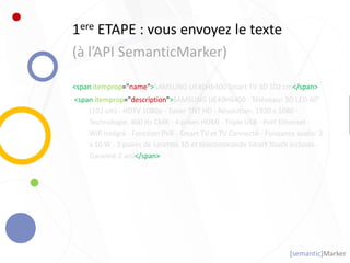 [semantic]Marker
1ere ETAPE : vous envoyez le texte
(à l’API SemanticMarker)
<span itemprop="name">SAMSUNG UE40H6400 Smart TV 3D 102 cm</span>
<span itemprop="description">SAMSUNG UE40H6400 - Téléviseur 3D LED 40"
(102 cm) - HDTV 1080p - Tuner TNT HD - Résolution: 1920 x 1080 -
Technologie: 400 Hz CMR - 4 prises HDMI - Triple USB - Port Ethernet -
Wifi intégré - Fonction PVR - Smart TV et TV Connecté - Puissance audio: 2
x 10 W - 2 paires de lunettes 3D et télécommande Smart Touch incluses -
Garantie 2 ans</span>
 