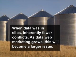 When data was in
silos, inherently fewer
conflicts. As data web
marketing grows, this will
become a larger issue.
 