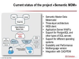 © 2017 SDI SOLUTION
• Semantic Master Data
Metamodel
• Three-layer architecture
• WEB client
• Application Server WildFly
...