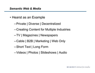 Semantic Web & Media


•  Hearst as an Example
  – Private | Diverse | Decentralized
  – Creating Content for Multiple Ind...
