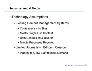 Semantic Web & Media


•  Technology Assumptions
  – Existing Content Management Systems
     •  Content exists in Silos
 ...