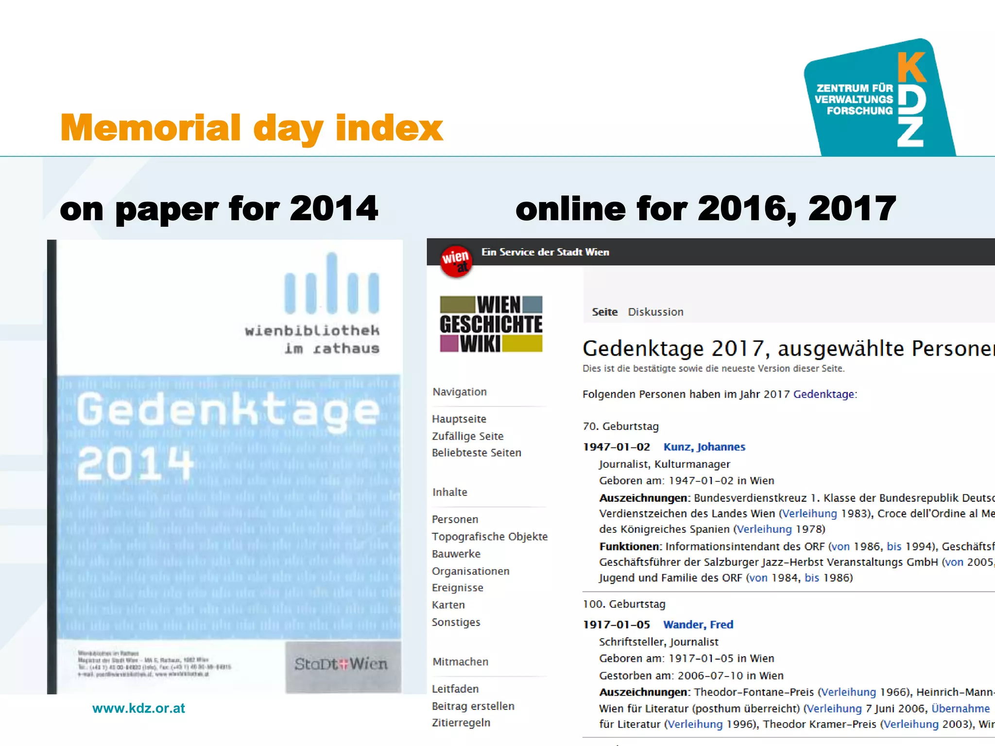 www.kdz.or.at
Memorial day index
on paper for 2014 online for 2016, 2017
30. September 2016 · Seite 7
 