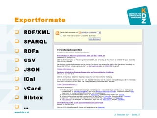 Exportformate RDF/XML SPARQL RDFa CSV JSON iCal vCard Bibtex … 12. Oktober 2011   · Seite  