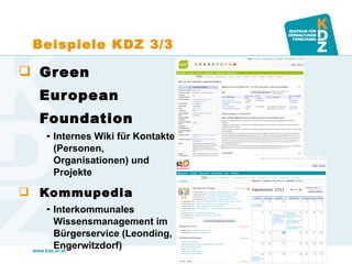 Beispiele KDZ 3/3 Green European Foundation Internes Wiki für Kontakte (Personen, Organisationen) und Projekte Kommupedia Interkommunales Wissensmanagement im Bürgerservice (Leonding, Engerwitzdorf) 