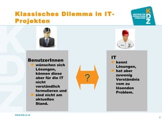 ? BenutzerInnen wünschen sich Lösungen, können diese aber für die IT nicht verständlich formulieren und  sind nicht am aktuellen Stand. IT kennt Lösungen,  hat aber zuwenig Verständnis vom zu lösenden Problem. Klassisches Dilemma in IT-Projekten 