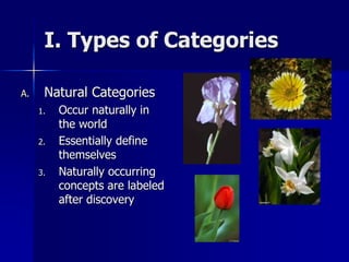 I. Types of Categories
A. Natural Categories
1. Occur naturally in
the world
2. Essentially define
themselves
3. Naturally occurring
concepts are labeled
after discovery
 