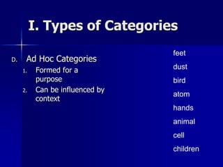 I. Types of Categories
D. Ad Hoc Categories
1. Formed for a
purpose
2. Can be influenced by
context
feet
dust
bird
atom
hands
animal
cell
children
 
