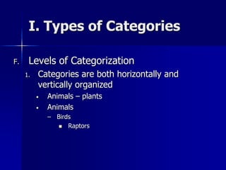 I. Types of Categories
F. Levels of Categorization
1. Categories are both horizontally and
vertically organized
• Animals – plants
• Animals
– Birds
 Raptors
 