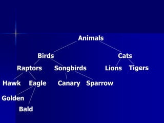 Animals
Birds Cats
Raptors Songbirds
Eagle
Hawk Canary Sparrow
Golden
Bald
Lions Tigers
 