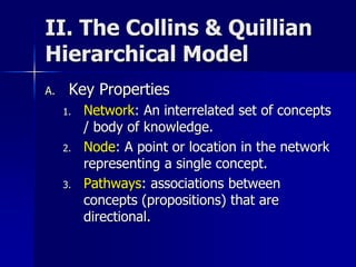 II. The Collins & Quillian
Hierarchical Model
A. Key Properties
1. Network: An interrelated set of concepts
/ body of knowledge.
2. Node: A point or location in the network
representing a single concept.
3. Pathways: associations between
concepts (propositions) that are
directional.
 