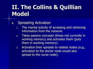 II. The Collins & Quillian
Model
B. Spreading Activation
1. The mental activity of accessing and retrieving
information from the network.
2. Takes passive concepts (those not currently in
working memory) and activates them (puts
them in working memory).
3. Activation then spreads to related nodes (e.g.,
activation to the doctor node would also
spread to the nurse node).
 