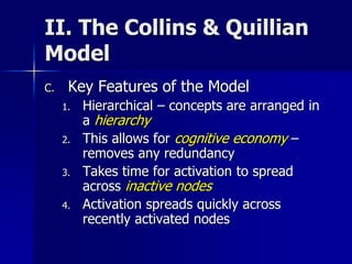 II. The Collins & Quillian
Model
C. Key Features of the Model
1. Hierarchical – concepts are arranged in
a hierarchy
2. This allows for cognitive economy –
removes any redundancy
3. Takes time for activation to spread
across inactive nodes
4. Activation spreads quickly across
recently activated nodes
 