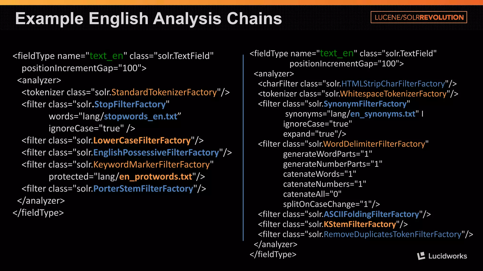 Example English Analysis Chains 
<fieldTypename="text_en" class="solr.TextField" 
positionIncrementGap="100"> 
<analyzer> 
<tokenizerclass="solr.StandardTokenizerFactory"/> 
<filter class="solr.StopFilterFactory" 
words="lang/stopwords_en.txt” ignoreCase="true" /> 
<filter class="solr.LowerCaseFilterFactory"/> 
<filter class="solr.EnglishPossessiveFilterFactory"/> 
<filter class="solr.KeywordMarkerFilterFactory" 
protected="lang/en_protwords.txt"/> 
<filter class="solr.PorterStemFilterFactory"/> 
</analyzer> 
</fieldType> 
<fieldTypename="text_en" class="solr.TextField" positionIncrementGap="100"> 
<analyzer> 
<charFilterclass="solr.HTMLStripCharFilterFactory"/> 
<tokenizerclass="solr.WhitespaceTokenizerFactory"/> <filter class="solr.SynonymFilterFactory" synonyms="lang/en_synonyms.txt" IignoreCase="true" expand="true"/> 
<filter class="solr.WordDelimiterFilterFactory" generateWordParts="1" generateNumberParts="1" catenateWords="1" catenateNumbers="1" catenateAll="0" splitOnCaseChange="1"/> <filter class="solr.ASCIIFoldingFilterFactory"/> 
<filter class="solr.KStemFilterFactory"/> 
<filter class="solr.RemoveDuplicatesTokenFilterFactory"/> 
</analyzer> 
</fieldType>  