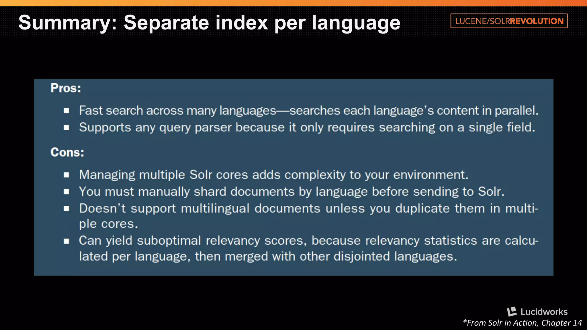 Summary: Separate index per language 
*From Solrin Action, Chapter 14  