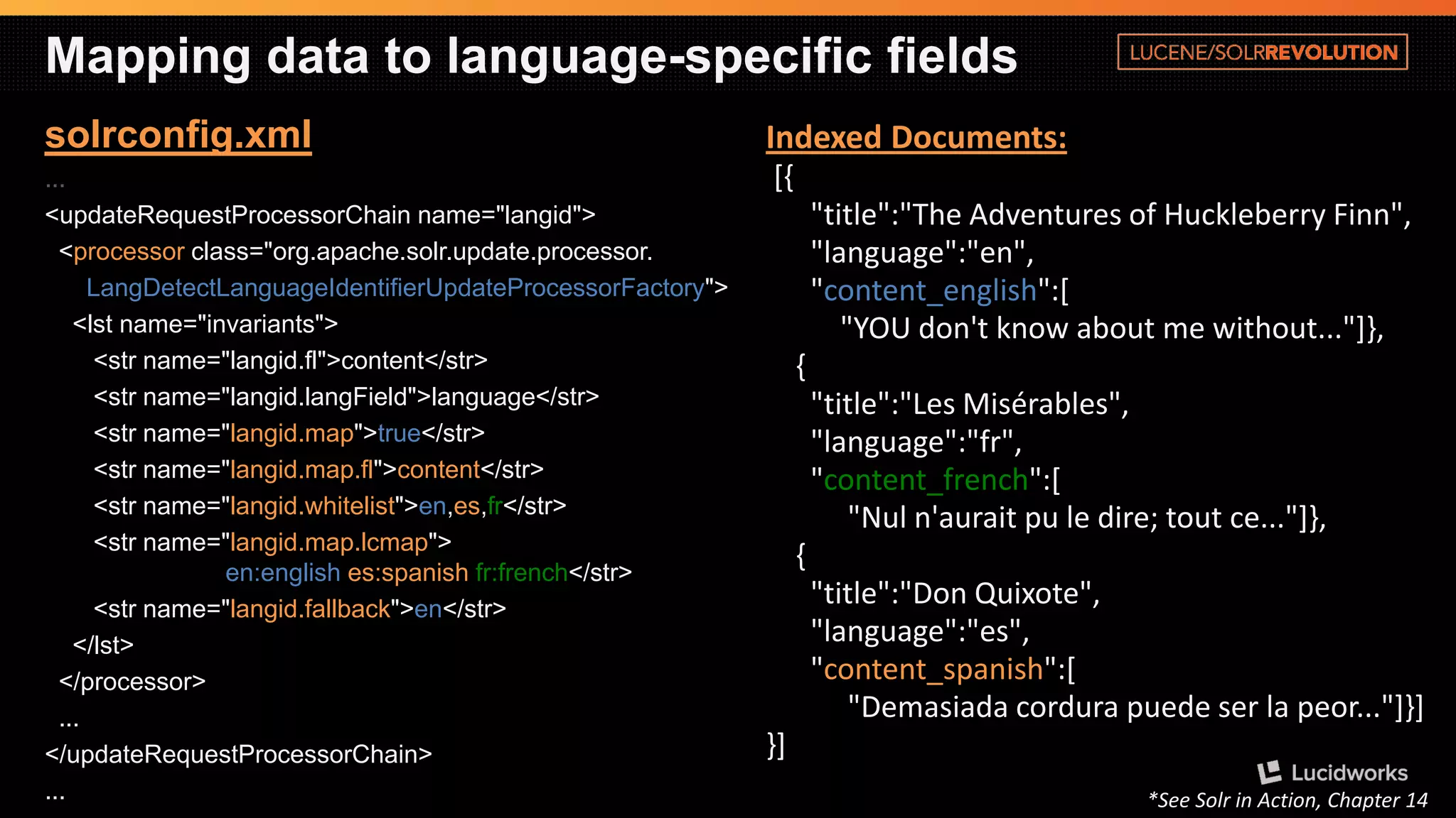 Mapping data to language-specific fields 
solrconfig.xml 
... 
<updateRequestProcessorChainname="langid"> 
<processorclass="org.apache.solr.update.processor. 
LangDetectLanguageIdentifierUpdateProcessorFactory"> 
<lstname="invariants"> 
<strname="langid.fl">content</str> 
<strname="langid.langField">language</str> 
<strname="langid.map">true</str> 
<strname="langid.map.fl">content</str> 
<strname="langid.whitelist">en,es,fr</str> 
<strname="langid.map.lcmap"> en:englishes:spanishfr:french</str> 
<strname="langid.fallback">en</str> 
</lst> 
</processor> 
... 
</updateRequestProcessorChain> 
... 
Indexed Documents: 
[{ 
"title":"TheAdventures of Huckleberry Finn", 
"language":"en", 
"content_english":[ "YOU don't know about me without..."]}, 
{ 
"title":"LesMisérables", 
"language":"fr", 
"content_french":[ "Nuln'auraitpule dire; tout ce..."]}, 
{ 
"title":"DonQuixote", 
"language":"es", 
"content_spanish":[ "Demasiadacordurapuedeserla peor..."]}] 
}] 
*See Solrin Action, Chapter 14  