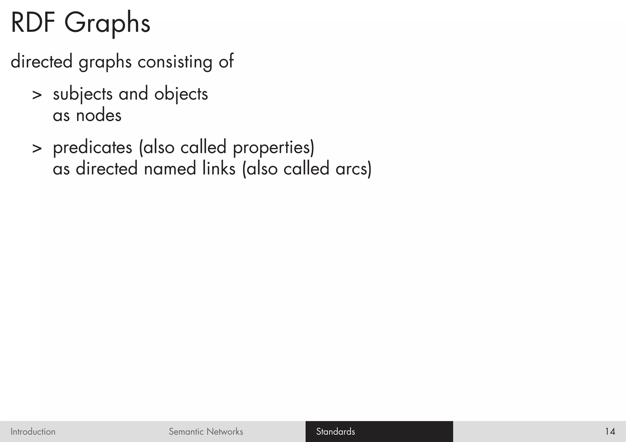 RDF Graphs
directed graphs consisting of
     > subjects and objects
       as nodes
     > predicates (also called properties)
       as directed named links (also called arcs)




Introduction          Semantic Networks   Standards   14
 