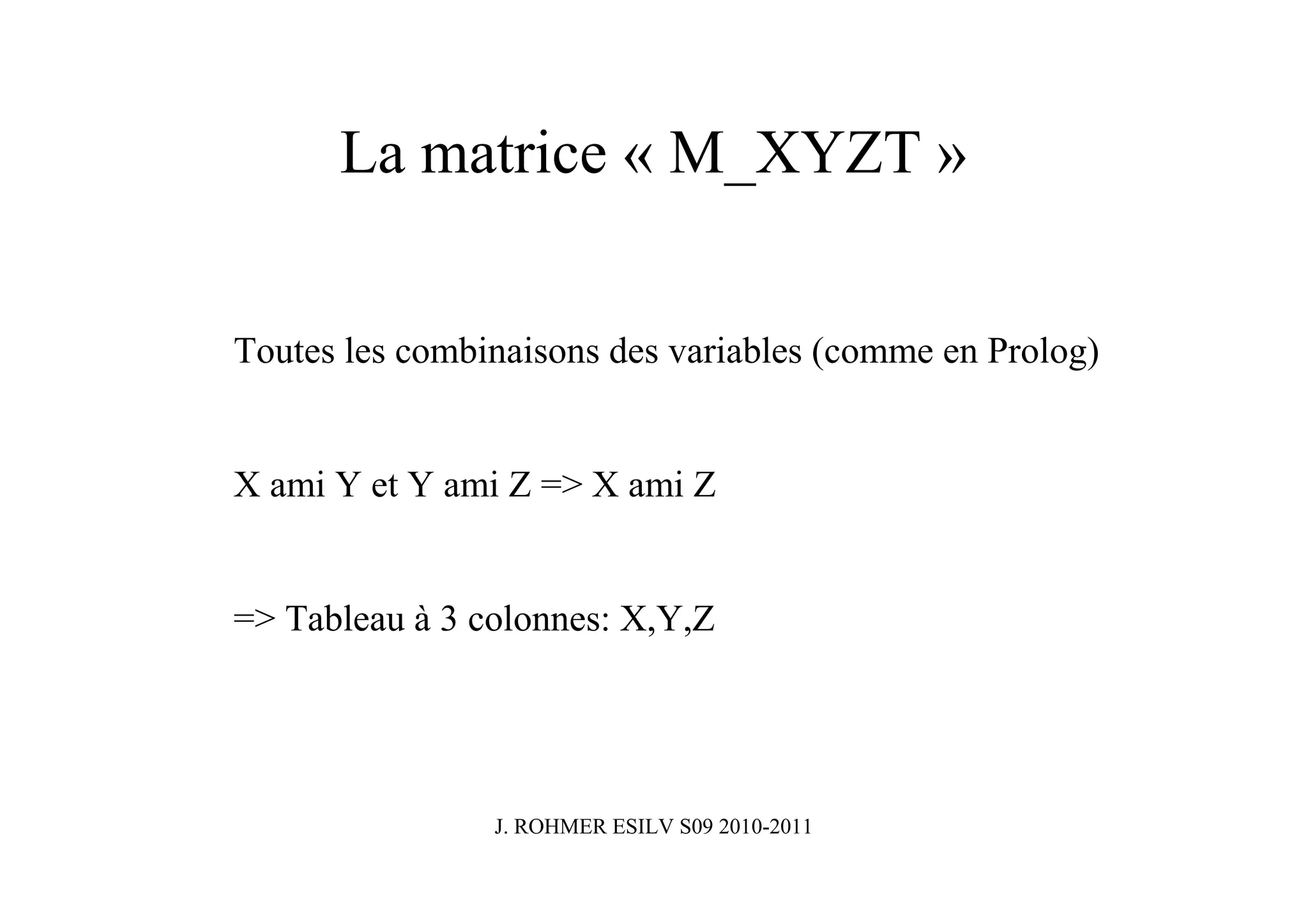 La matrice « M_XYZT »


Toutes les combinaisons des variables (comme en Prolog)


X ami Y et Y ami Z => X ami Z


=> Tableau à 3 colonnes: X,Y,Z




                J. ROHMER ESILV S09 2010-2011
 