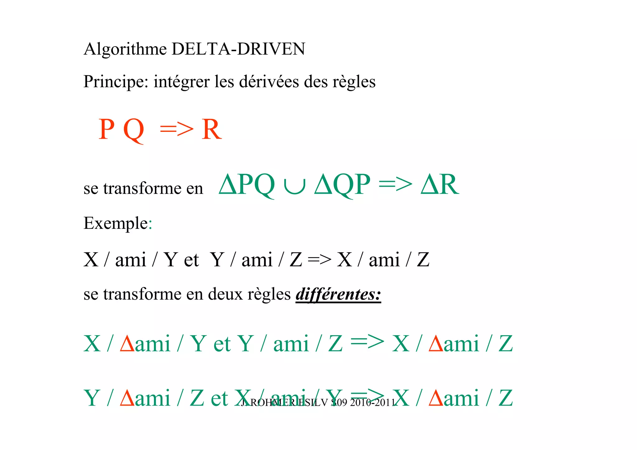 Algorithme DELTA-DRIVEN
Principe: intégrer les dérivées des règles

  P Q => R
se transforme en   ∆PQ ∪ ∆QP => ∆R
Exemple:

X / ami / Y et Y / ami / Z => X / ami / Z
se transforme en deux règles différentes:

X / ∆ami / Y et Y / ami / Z           => X / ∆ami / Z
Y / ∆ami / Z et XROHMER ESILVY 2010-2011X / ∆ami / Z
                J. / ami / S09 =>
 