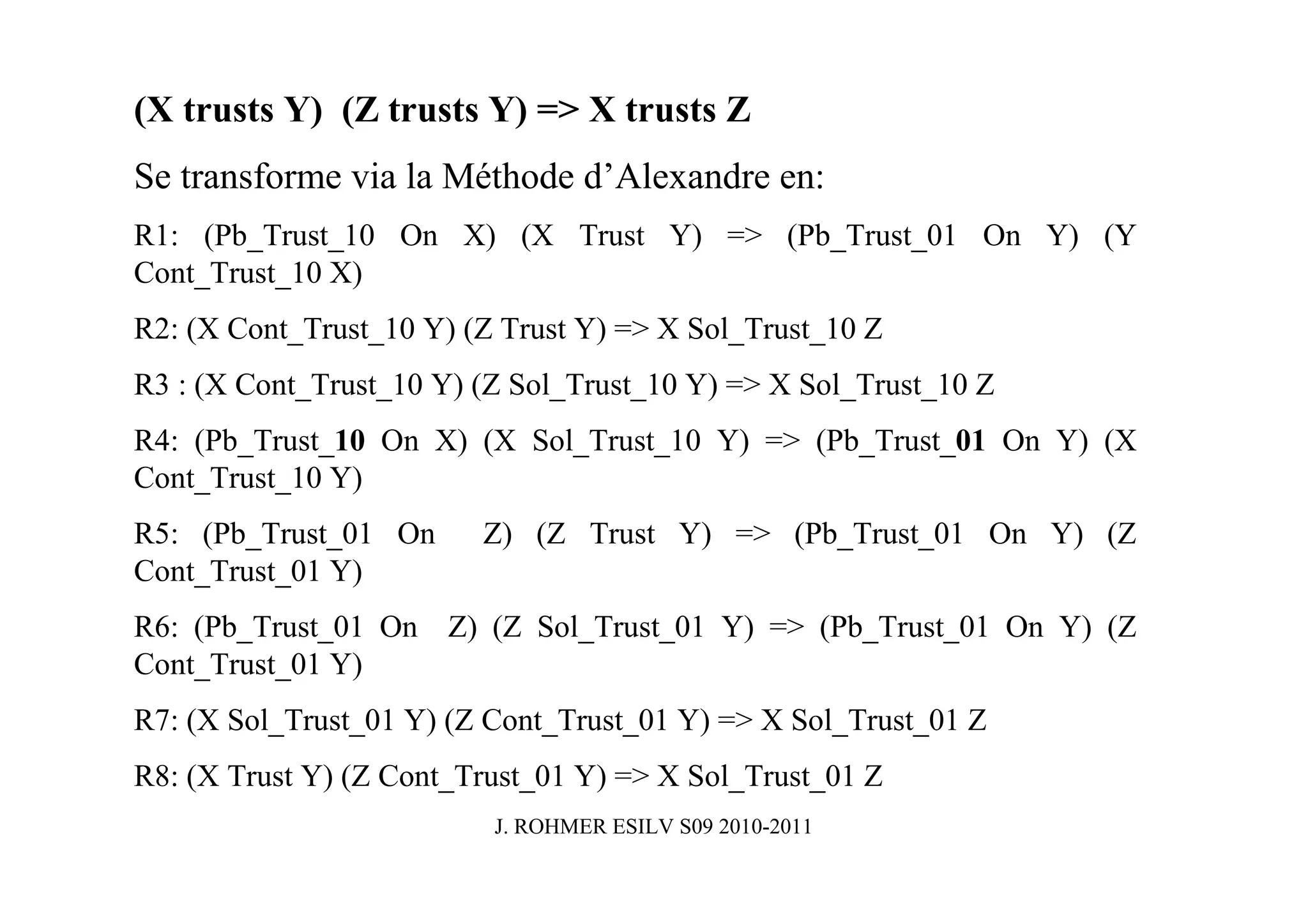 (X trusts Y) (Z trusts Y) => X trusts Z
Se transforme via la Méthode d’Alexandre en:
R1: (Pb_Trust_10 On X) (X Trust Y) => (Pb_Trust_01 On Y) (Y
Cont_Trust_10 X)
R2: (X Cont_Trust_10 Y) (Z Trust Y) => X Sol_Trust_10 Z
R3 : (X Cont_Trust_10 Y) (Z Sol_Trust_10 Y) => X Sol_Trust_10 Z
R4: (Pb_Trust_10 On X) (X Sol_Trust_10 Y) => (Pb_Trust_01 On Y) (X
Cont_Trust_10 Y)
R5: (Pb_Trust_01 On      Z) (Z Trust Y) => (Pb_Trust_01 On Y) (Z
Cont_Trust_01 Y)
R6: (Pb_Trust_01 On Z) (Z Sol_Trust_01 Y) => (Pb_Trust_01 On Y) (Z
Cont_Trust_01 Y)
R7: (X Sol_Trust_01 Y) (Z Cont_Trust_01 Y) => X Sol_Trust_01 Z
R8: (X Trust Y) (Z Cont_Trust_01 Y) => X Sol_Trust_01 Z
                          J. ROHMER ESILV S09 2010-2011
 