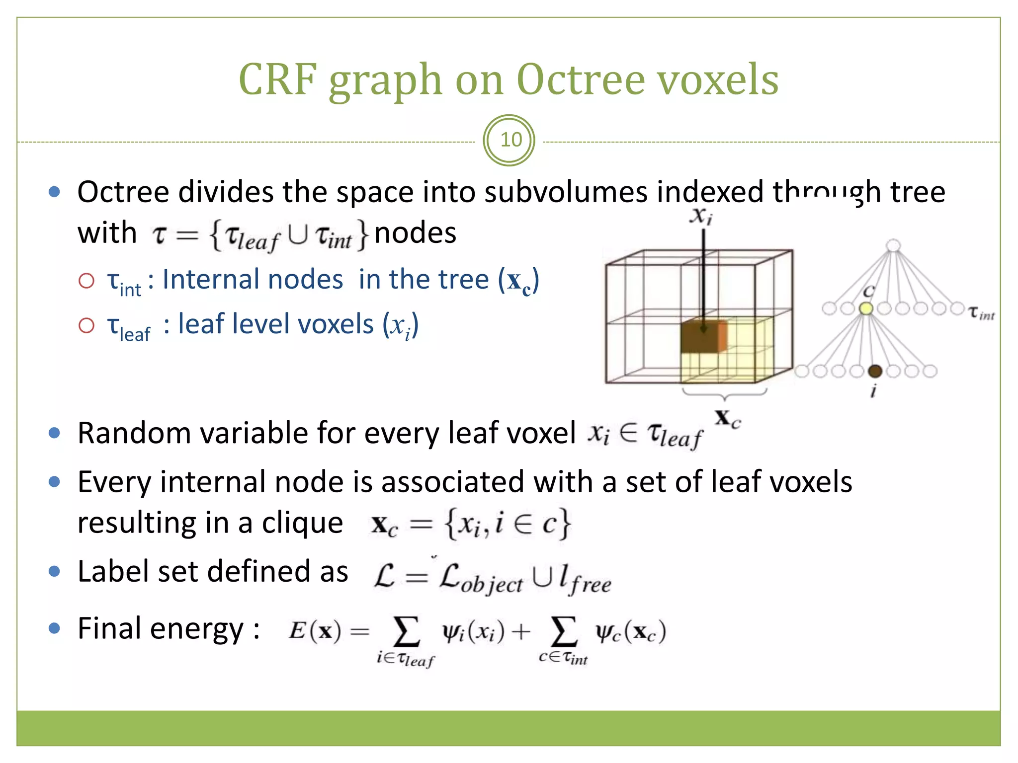 CRF graph on Octree voxels
10
 Octree divides the space into subvolumes indexed through tree
with nodes
 τint : Internal nodes in the tree (xc)
 τleaf : leaf level voxels (xi)
 Random variable for every leaf voxel
 Every internal node is associated with a set of leaf voxels
resulting in a clique
 Label set defined as
 Final energy :
 