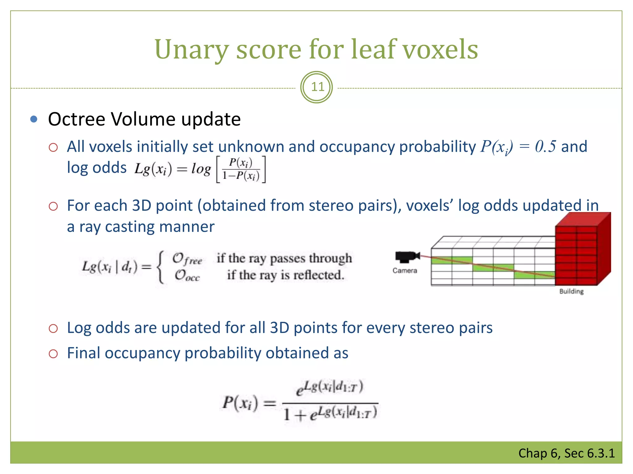  Octree Volume update
 All voxels initially set unknown and occupancy probability P(xi) = 0.5 and
log odds
 For each 3D point (obtained from stereo pairs), voxels’ log odds updated in
a ray casting manner
 Log odds are updated for all 3D points for every stereo pairs
 Final occupancy probability obtained as
Unary score for leaf voxels
11
Chap 6, Sec 6.3.1
 