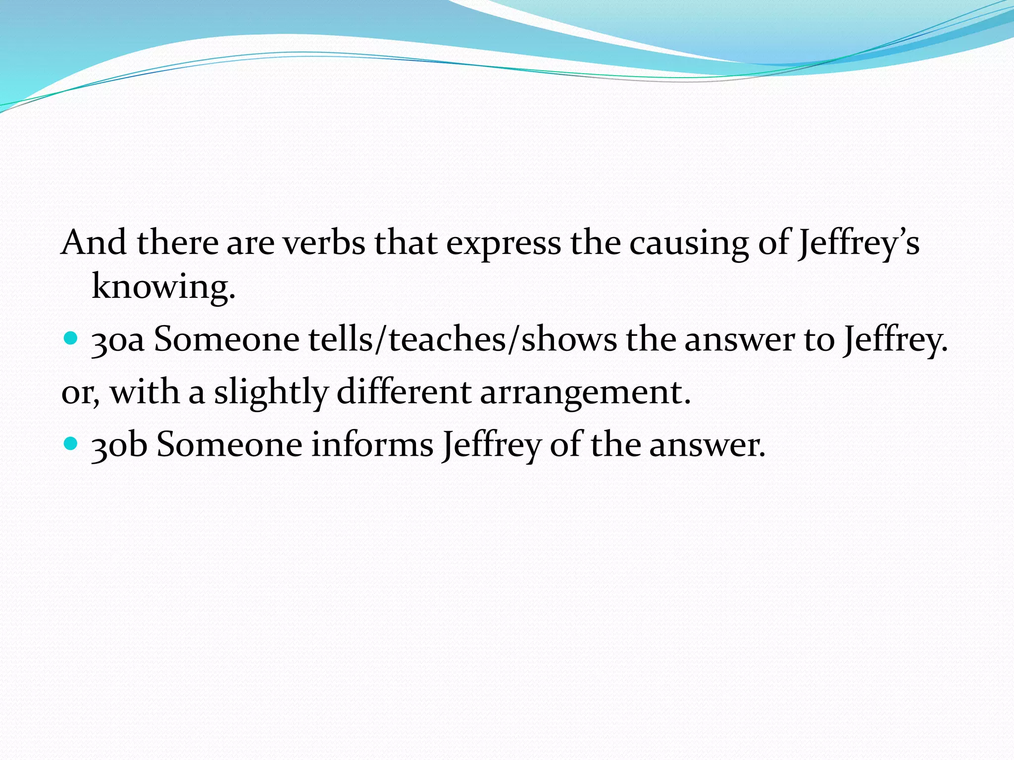 And there are verbs that express the causing of Jeffrey’s
knowing.
 30a Someone tells/teaches/shows the answer to Jeffrey.
or, with a slightly different arrangement.
 30b Someone informs Jeffrey of the answer.
 