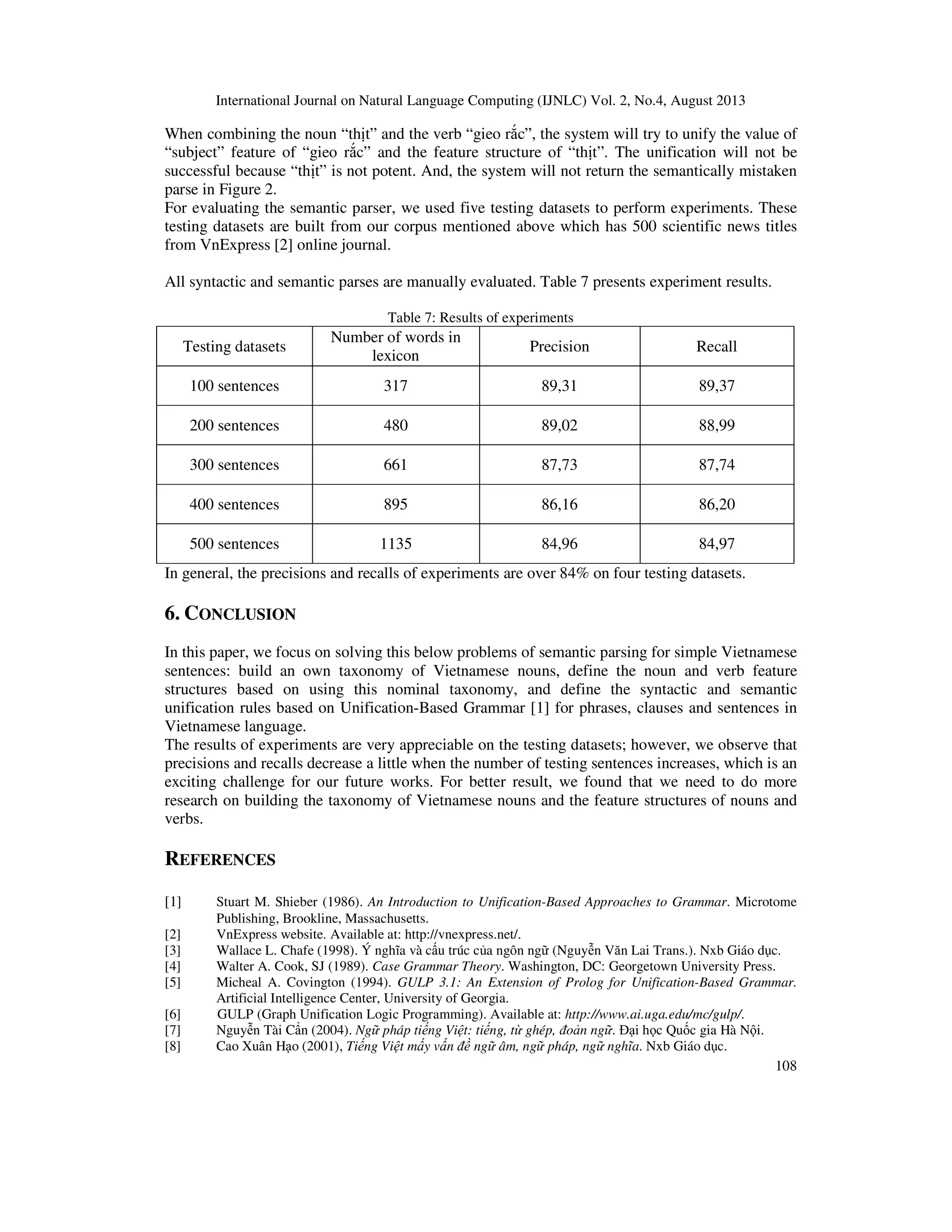 International Journal on Natural Language Computing (IJNLC) Vol. 2, No.4, August 2013
108
When combining the noun “th t” and the verb “gieo r c”, the system will try to unify the value of
“subject” feature of “gieo r c” and the feature structure of “th t”. The unification will not be
successful because “th t” is not potent. And, the system will not return the semantically mistaken
parse in Figure 2.
For evaluating the semantic parser, we used five testing datasets to perform experiments. These
testing datasets are built from our corpus mentioned above which has 500 scientific news titles
from VnExpress [2] online journal.
All syntactic and semantic parses are manually evaluated. Table 7 presents experiment results.
Table 7: Results of experiments
Testing datasets
Number of words in
lexicon
Precision Recall
100 sentences 317 89,31 89,37
200 sentences 480 89,02 88,99
300 sentences 661 87,73 87,74
400 sentences 895 86,16 86,20
500 sentences 1135 84,96 84,97
In general, the precisions and recalls of experiments are over 84% on four testing datasets.
6. CONCLUSION
In this paper, we focus on solving this below problems of semantic parsing for simple Vietnamese
sentences: build an own taxonomy of Vietnamese nouns, define the noun and verb feature
structures based on using this nominal taxonomy, and define the syntactic and semantic
unification rules based on Unification-Based Grammar [1] for phrases, clauses and sentences in
Vietnamese language.
The results of experiments are very appreciable on the testing datasets; however, we observe that
precisions and recalls decrease a little when the number of testing sentences increases, which is an
exciting challenge for our future works. For better result, we found that we need to do more
research on building the taxonomy of Vietnamese nouns and the feature structures of nouns and
verbs.
REFERENCES
[1] Stuart M. Shieber (1986). An Introduction to Unification-Based Approaches to Grammar. Microtome
Publishing, Brookline, Massachusetts.
[2] VnExpress website. Available at: http://vnexpress.net/.
[3] Wallace L. Chafe (1998). Ý nghĩa và c u trúc c a ngôn ng (Nguy n Văn Lai Trans.). Nxb Giáo d c.
[4] Walter A. Cook, SJ (1989). Case Grammar Theory. Washington, DC: Georgetown University Press.
[5] Micheal A. Covington (1994). GULP 3.1: An Extension of Prolog for Unification-Based Grammar.
Artificial Intelligence Center, University of Georgia.
[6] GULP (Graph Unification Logic Programming). Available at: http://www.ai.uga.edu/mc/gulp/.
[7] Nguy n Tài C n (2004). Ng pháp ti ng Vi t: ti ng, t ghép, o n ng . i h c Qu c gia Hà N i.
[8] Cao Xuân H o (2001), Ti ng Vi t m y v n ng âm, ng pháp, ng nghĩa. Nxb Giáo d c.
 