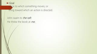 Goal
place to which something moves, or
thing toward which an action is directed.
John swam to the raft.
He threw the book at me.
 
